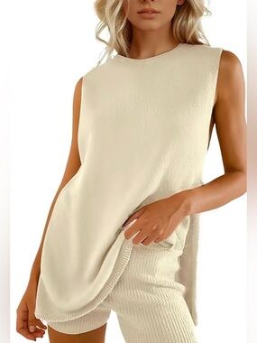 Uaneo 2 Piece Outfit Summer Knit Sweater Set Sleeveless Tunic top and short